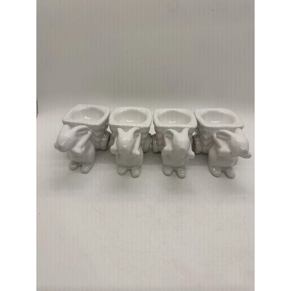 Pottery Barn Bunny Wagon‎ Egg Cups Set 4 White Ceramic Easter Holders
